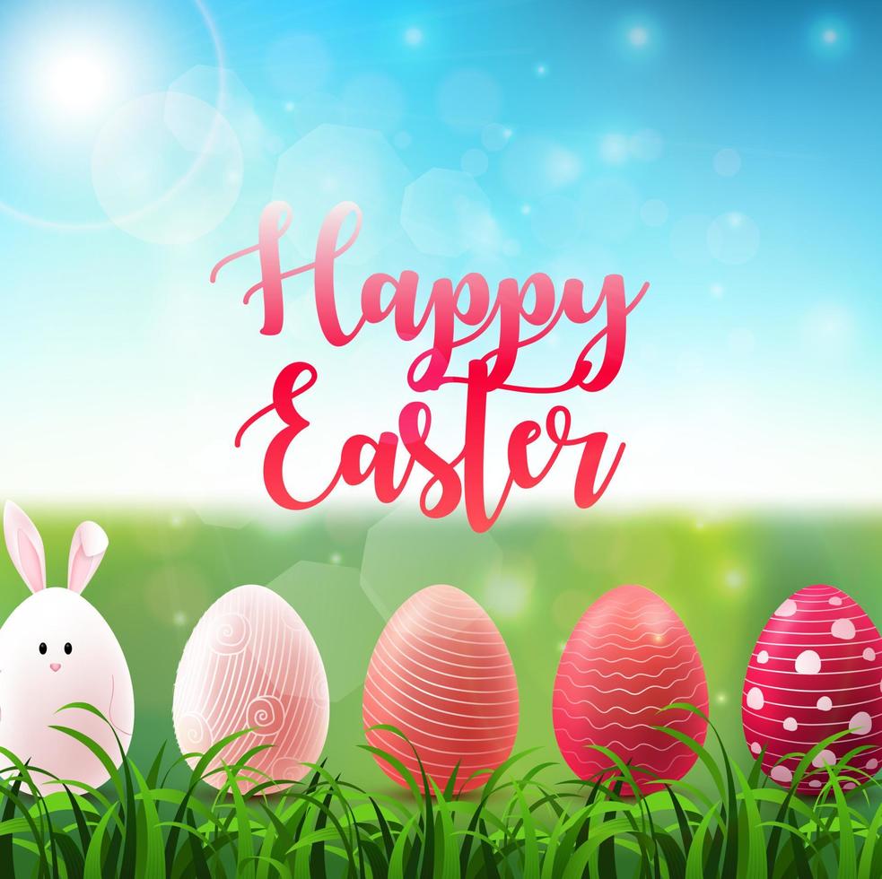 Vector illustration of Easter background with colored easter eggs in the grass on sunny sky background