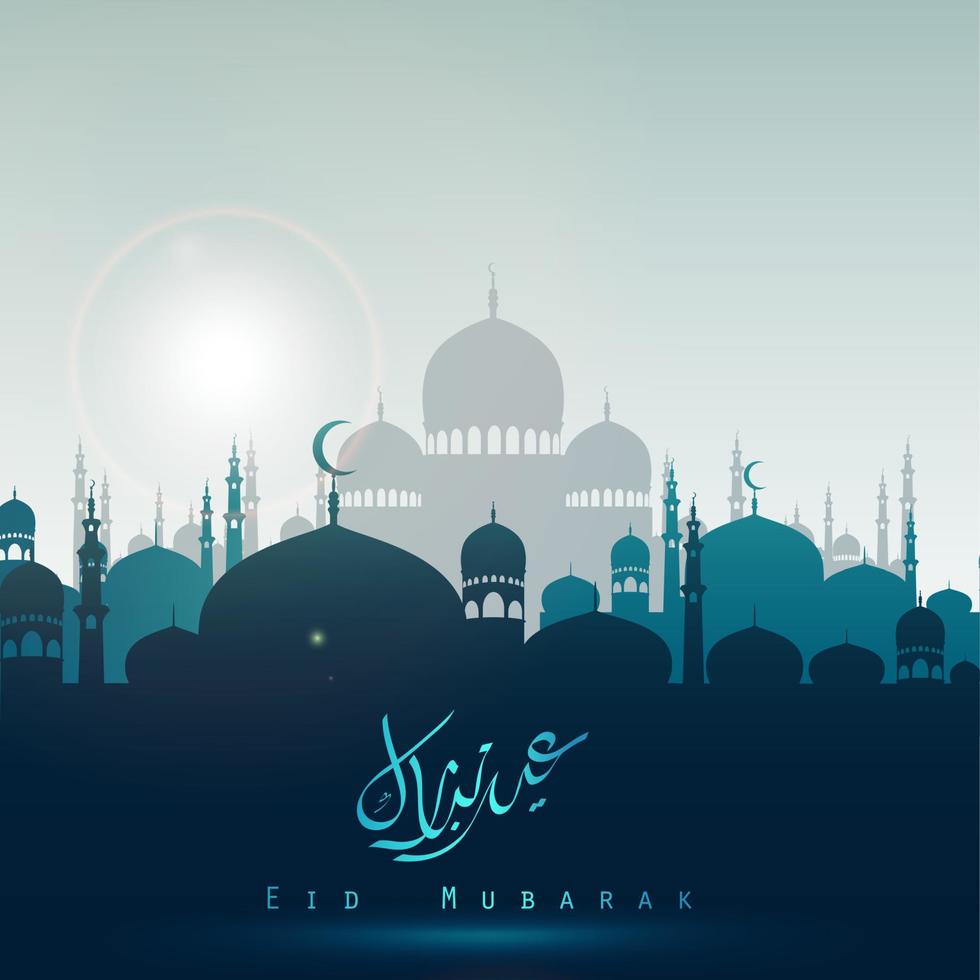 Vector illustration of Eid Mubarak background with silhouette mosque in the bright night