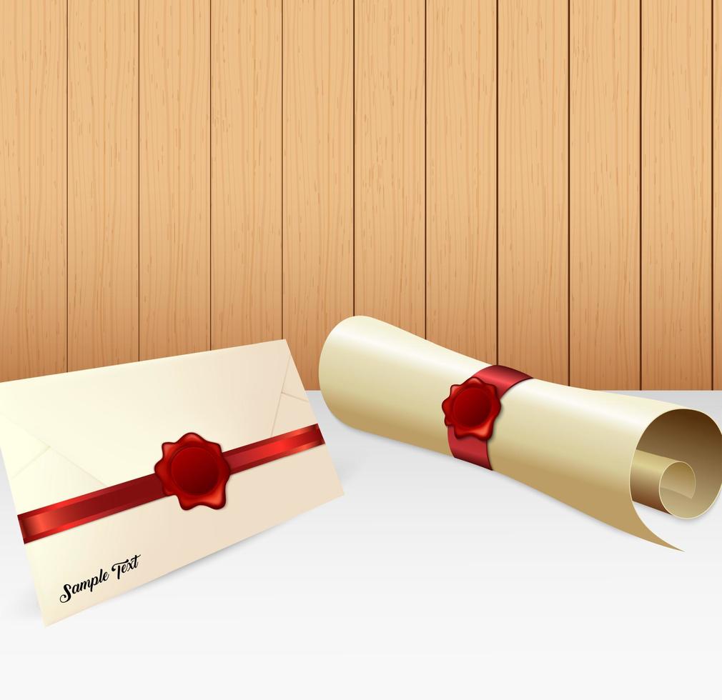 Envelope with paper scroll and red wax seal vector