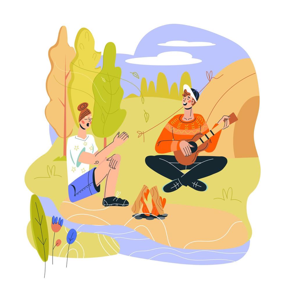 Summer tourist camping background with tourists sitting near campfire. Hiking adventure in forest and recreation on nature, picnic outdoors. Flat cartoon vector illustration isolated.