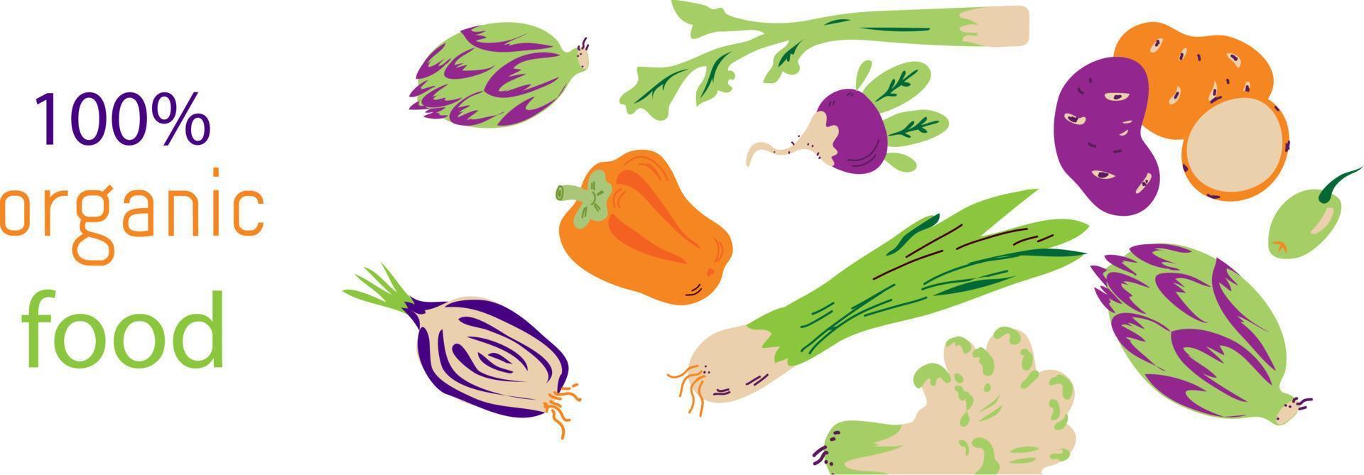 plantilla de folleto de comida vegetariana orgánica o etiqueta con iconos de verduras la ilustración de vector plano sobre fondo blanco. concepto para ferias y tiendas ecológicas veganas y de agricultores.