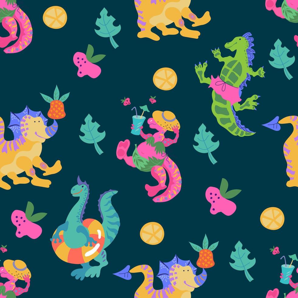 lindos dinosaurios de dibujos animados en la ilustración de vector plano de patrones sin fisuras de verano. Dino textura sin fin para estampados de camisetas y artículos para niños.
