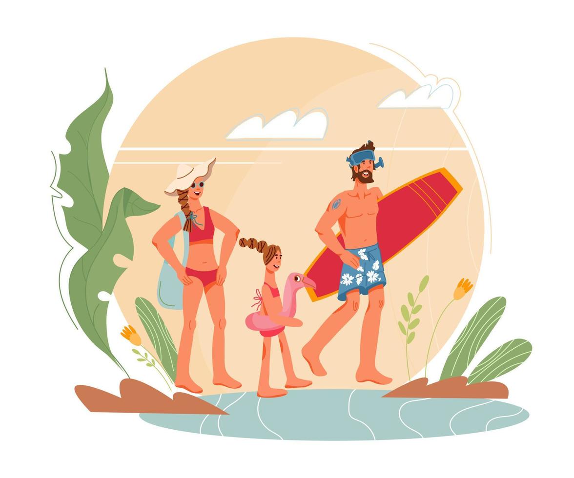 Family summer holidays and vacations by the sea. Parents and cartoon characters a child about to swim on the beach. Water activities and relaxation. Flat vector illustration isolated.