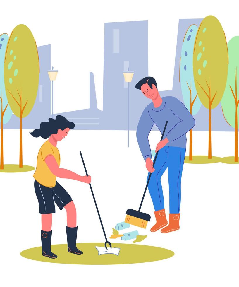 People volunteers cleaning city street from leaves and plastic waste. Urban ecology and garbage collecting banner. Spring town renovation and keeping clean. Flat vector illustration.