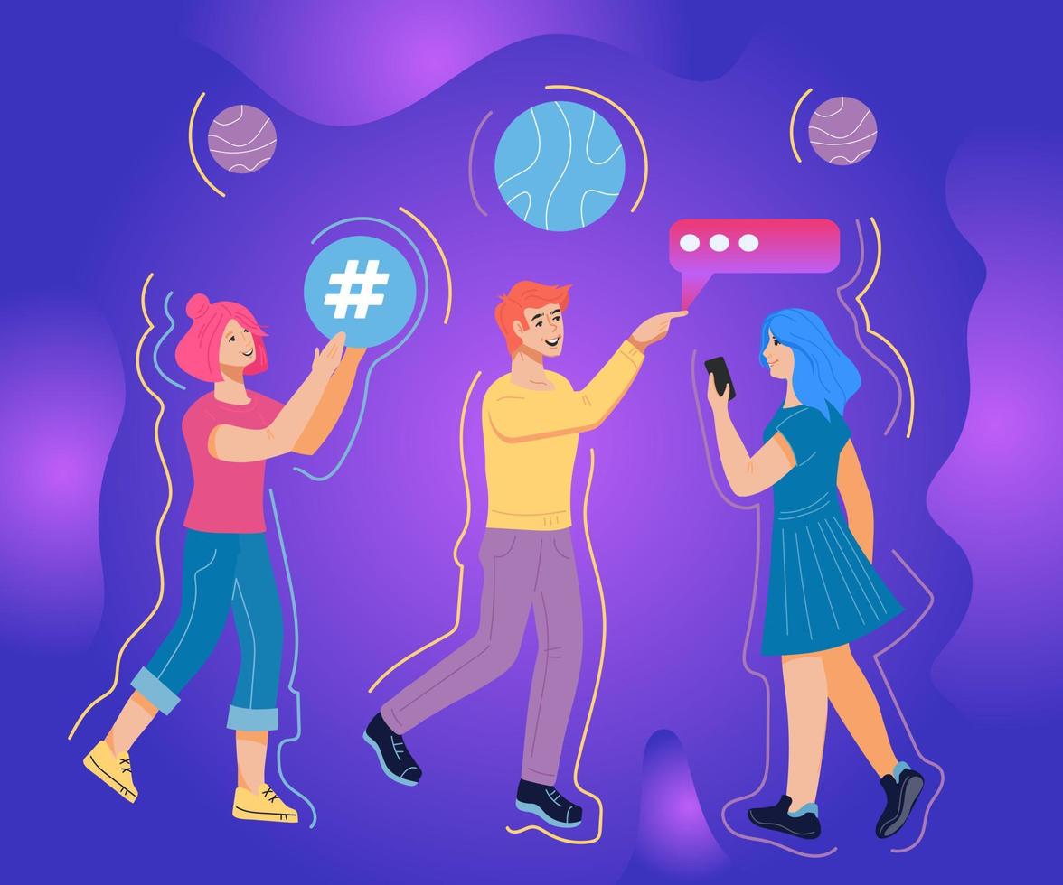 Online communication and social media chat network concept with people characters chatting and messaging. E-marketing, online mass connection and business promotion. Flat vector illustration isolated.