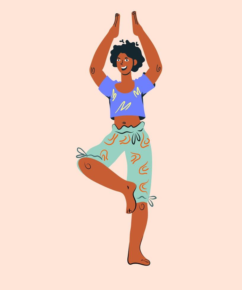 African american pretty woman cartoon character practicing yoga balance asana. Health and wellness fitness concept or logo element. Flat vector illustration isolated.