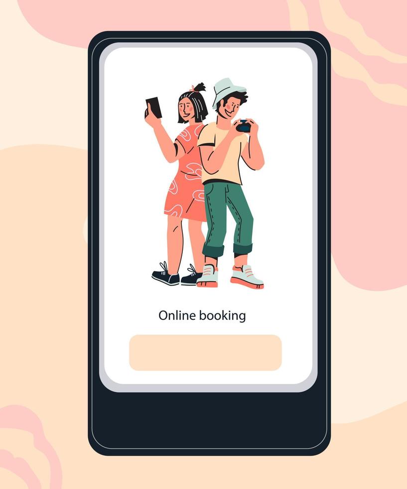 interfaces de aplicaciones móviles de viajes y reservas en línea con personajes de personas. selección de hoteles, turismo internacional y servicios de planificación de viajes individuales. ilustración vectorial de dibujos animados. vector