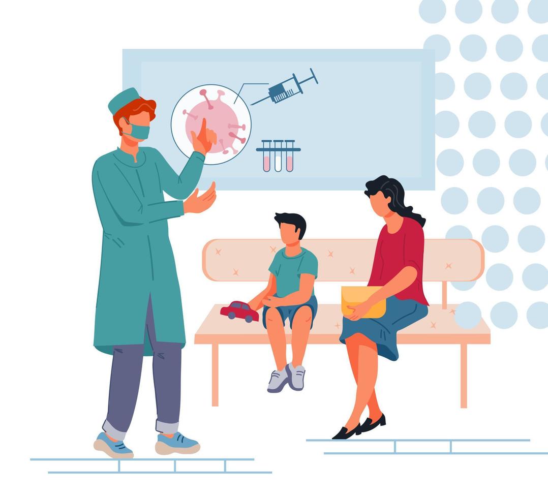 Children vaccination, disease prevention and antivirus immunization concept with doctor explaining mother with child grafts benefit for kids health. Healthcare and medicine. Flat vector illustration.