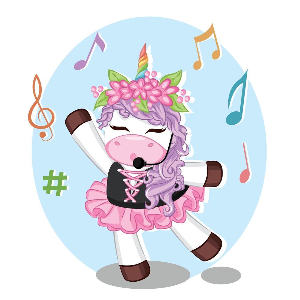 Cute unicorn dancing and singing. cartoon animal concept illustration vector