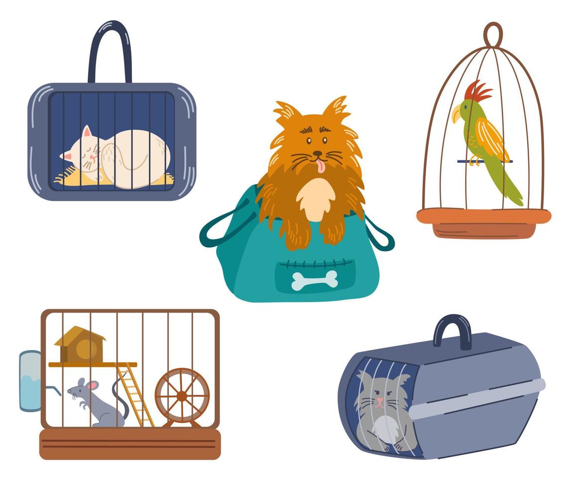 Pets sitting in a travel bag. Animals in a bag and pet cage, carriage of dogs, cats, red and parrot. Transportation of animals. Vector cartoon illustration