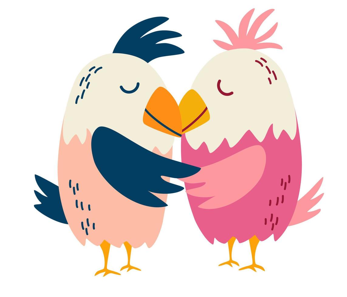 Parrots are a couple in love. Cute cartoon lovebird. Exotic birds. Great for children cards, prints and greeting card. Isolated vector clip art illustration.