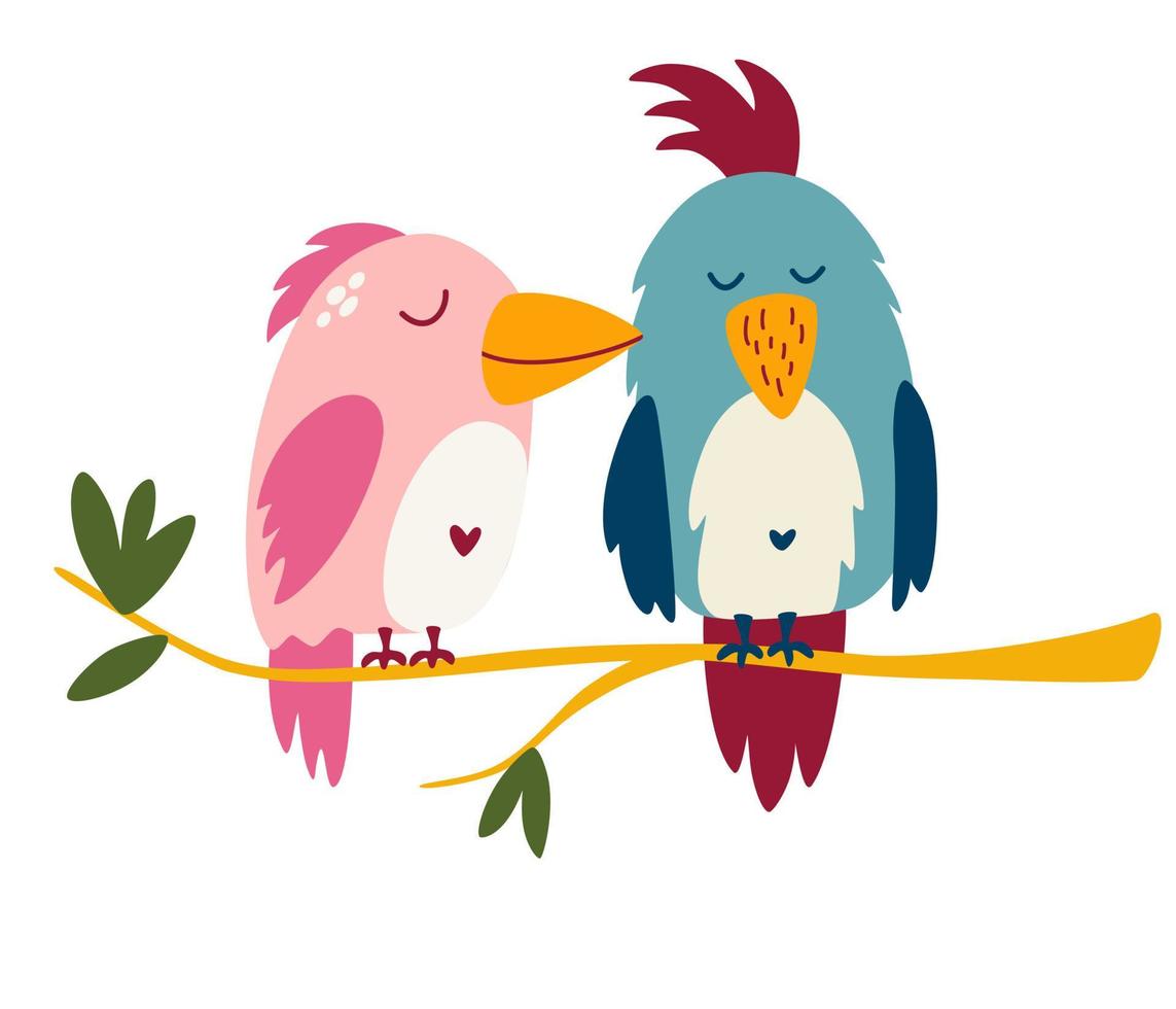 los loros son una pareja enamorada. lindo agapornis de dibujos animados. Aves exóticas. ideal para tarjetas infantiles, huellas y tarjetas de felicitación. ilustración de imágenes prediseñadas vectoriales aisladas. vector