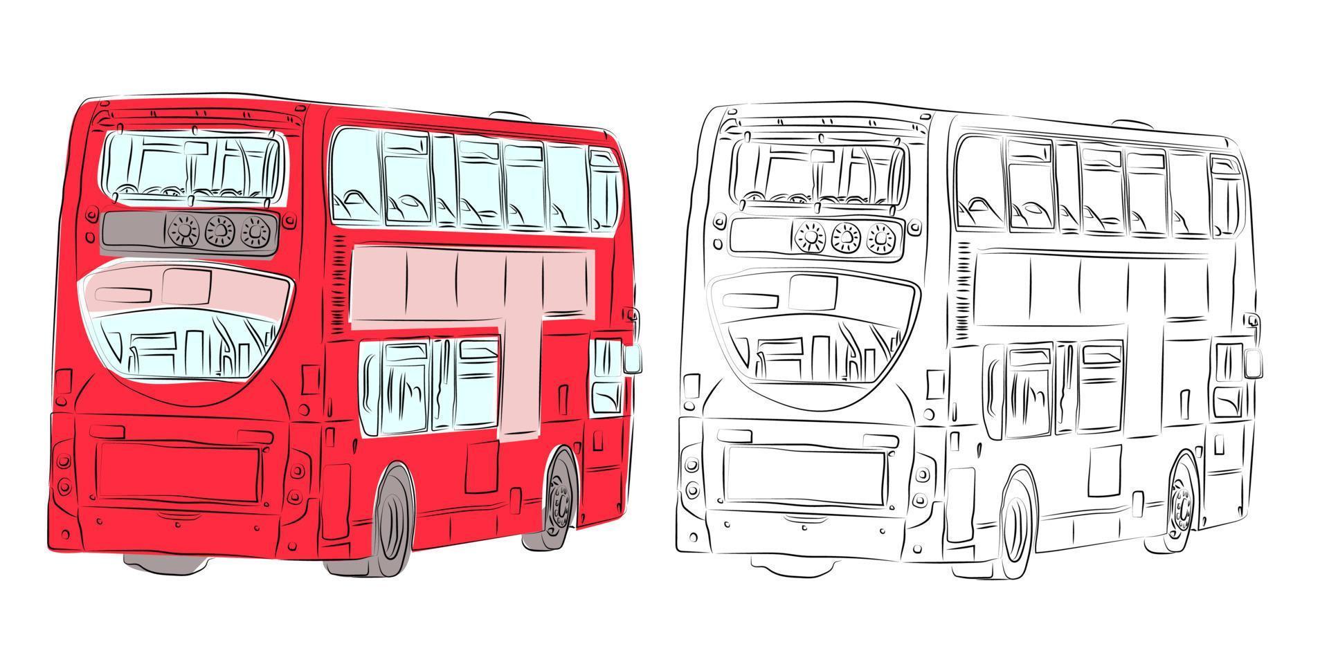 London double-decker modern bus in red and pencil drawing with rear view. Red bus. vector