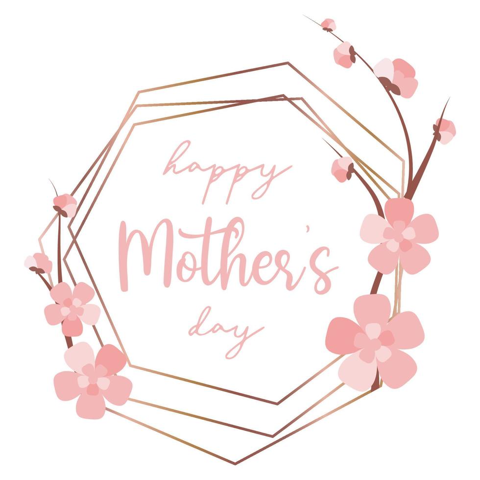 Happy Mothers day polygonal greeting frame. Pink graphic element with cherry blossom. Vector banner element for sale template.