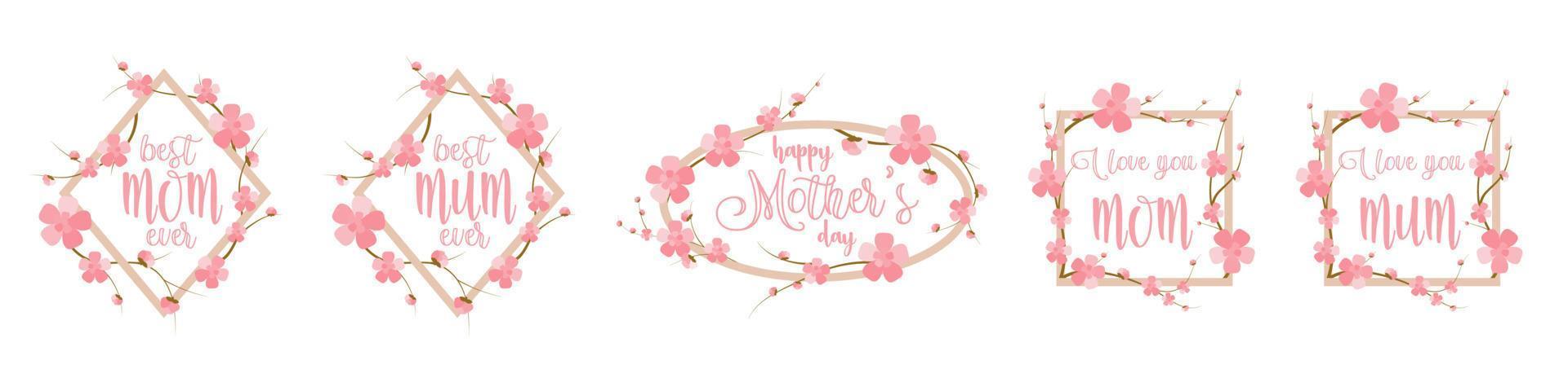 Mother day frame set with pink cherry flowers. Mom and Mum versions template. Cute layout for sale banner. vector