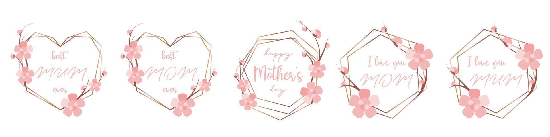 Polygonal frames for Mothers day celebration. Geometric card template with flowers vector