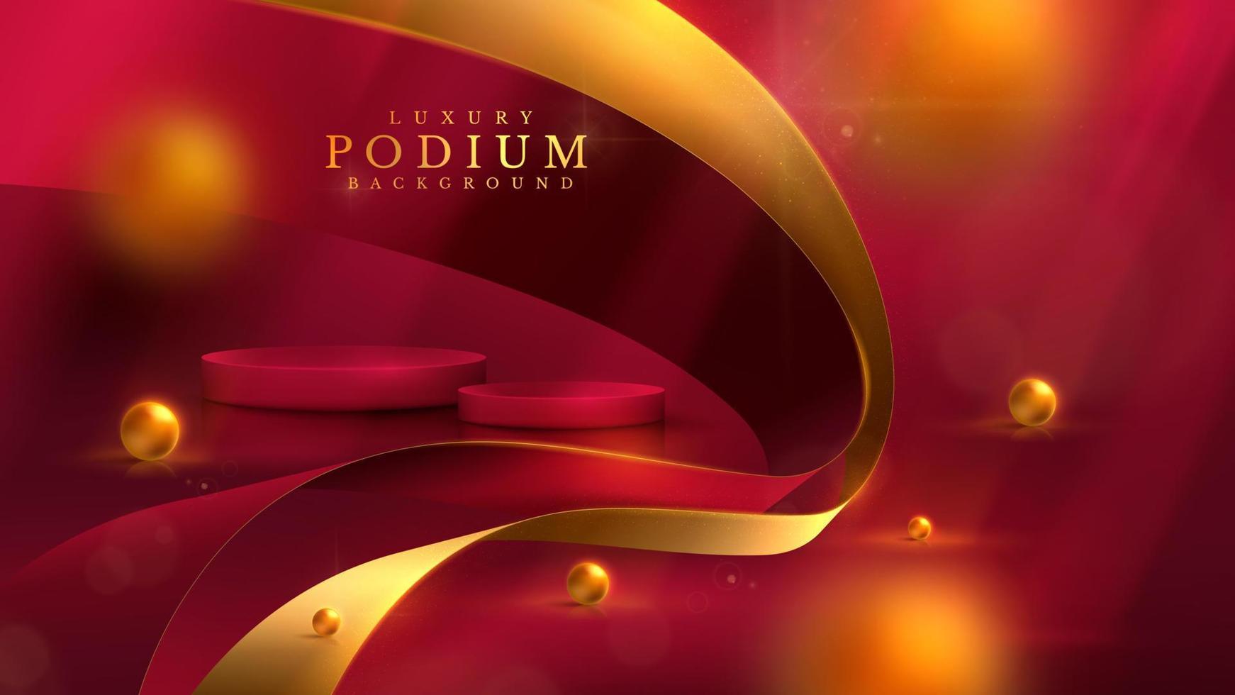 Red product display podium with golden ribbon and 3d ball element and blur and bokeh decoration. vector