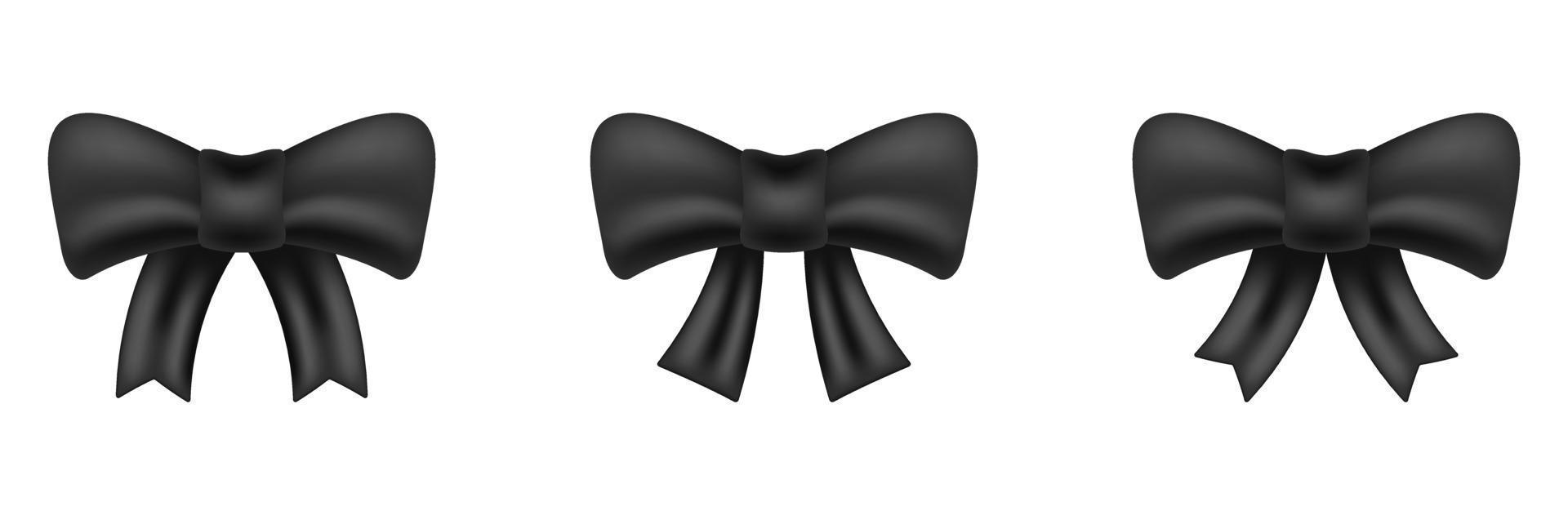 Black Silk Tied Ribbon on White Background. Satin Realistic Bow for Decoration Gift Package on Christmas Holiday. Dark Wrap for Birthday Celebration. Decorative Element. Vector Illustration.