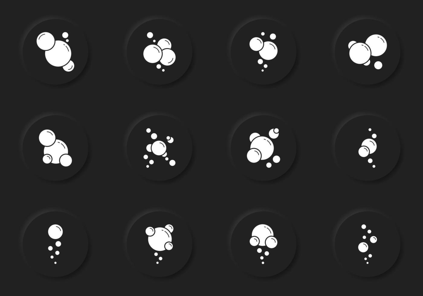 Round Bubbles of Foam or Soup Icon Set in Neumorphism Style. Fizzy Drink, Soda Water, Laundry, Champagne, Cleaning Pictogram. Circle Bubble Soap Icon. Isolated Vector Illustration.