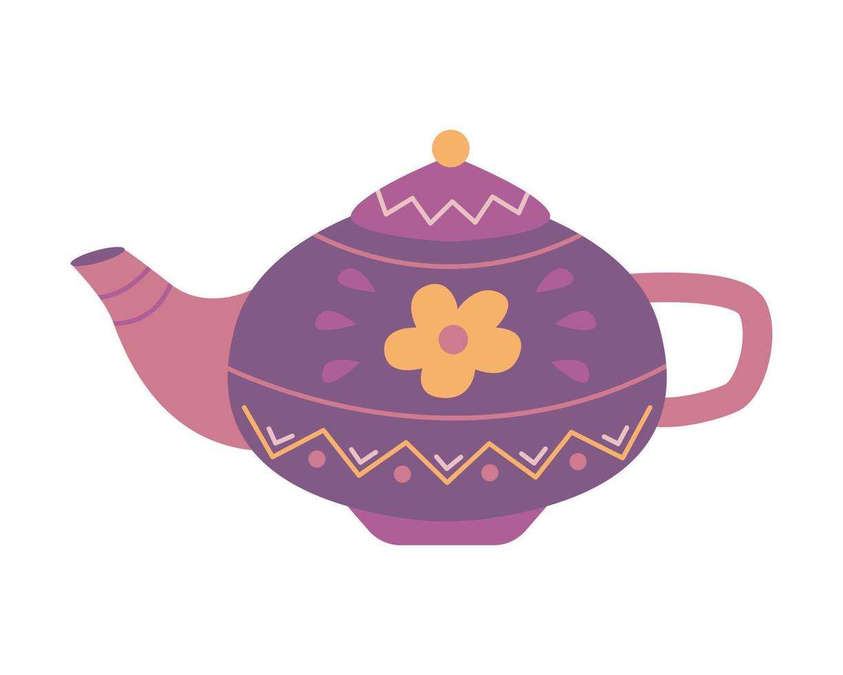 Purple teapot decorated with flower and patterns, vector illustration in flat style