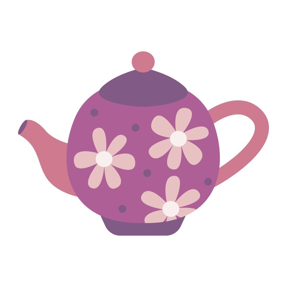 tetera morada decorada con flores, ilustración vectorial en estilo plano vector