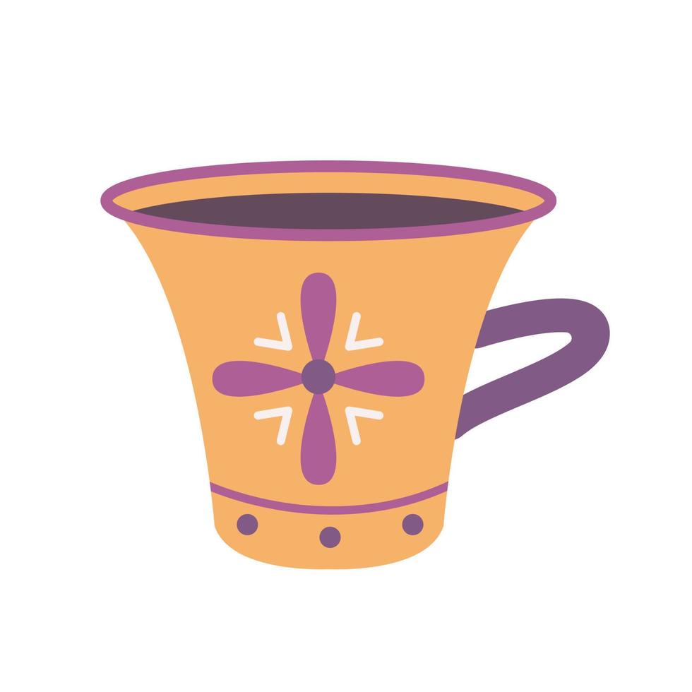 Orange mug with coffee or tea decorated with patterns, vector illustration in flat style