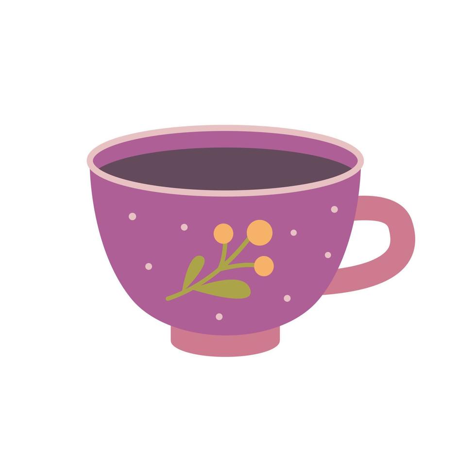Purple cup decorated with berries, vector flat illustration