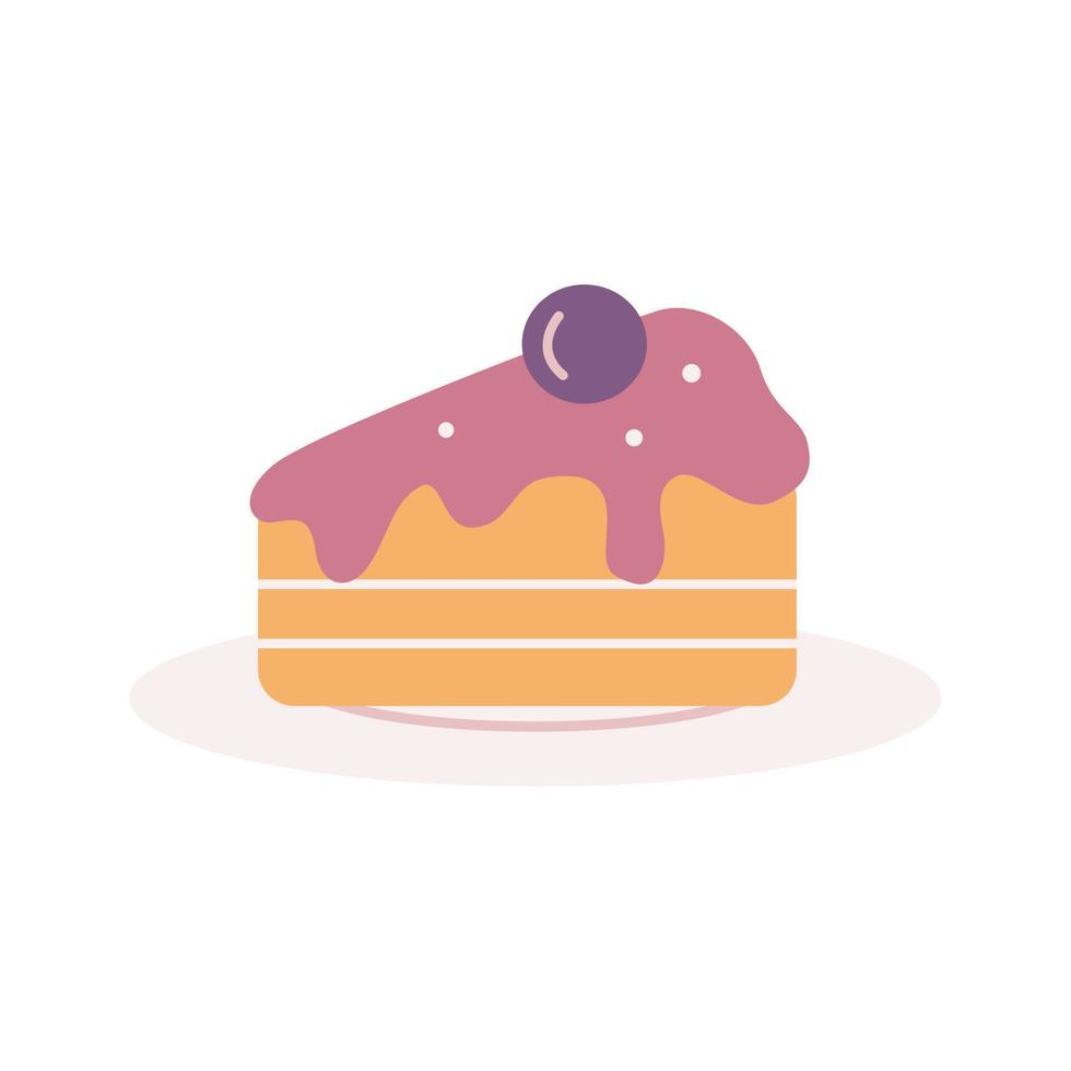 Piece of cake with berry on plate, vector flat illustration