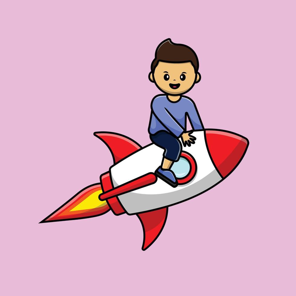 Cute Boy Riding Rocket Cartoon Vector Icon Illustration. People Technology Icon Concept Isolated Premium Vector. Flat Cartoon Style