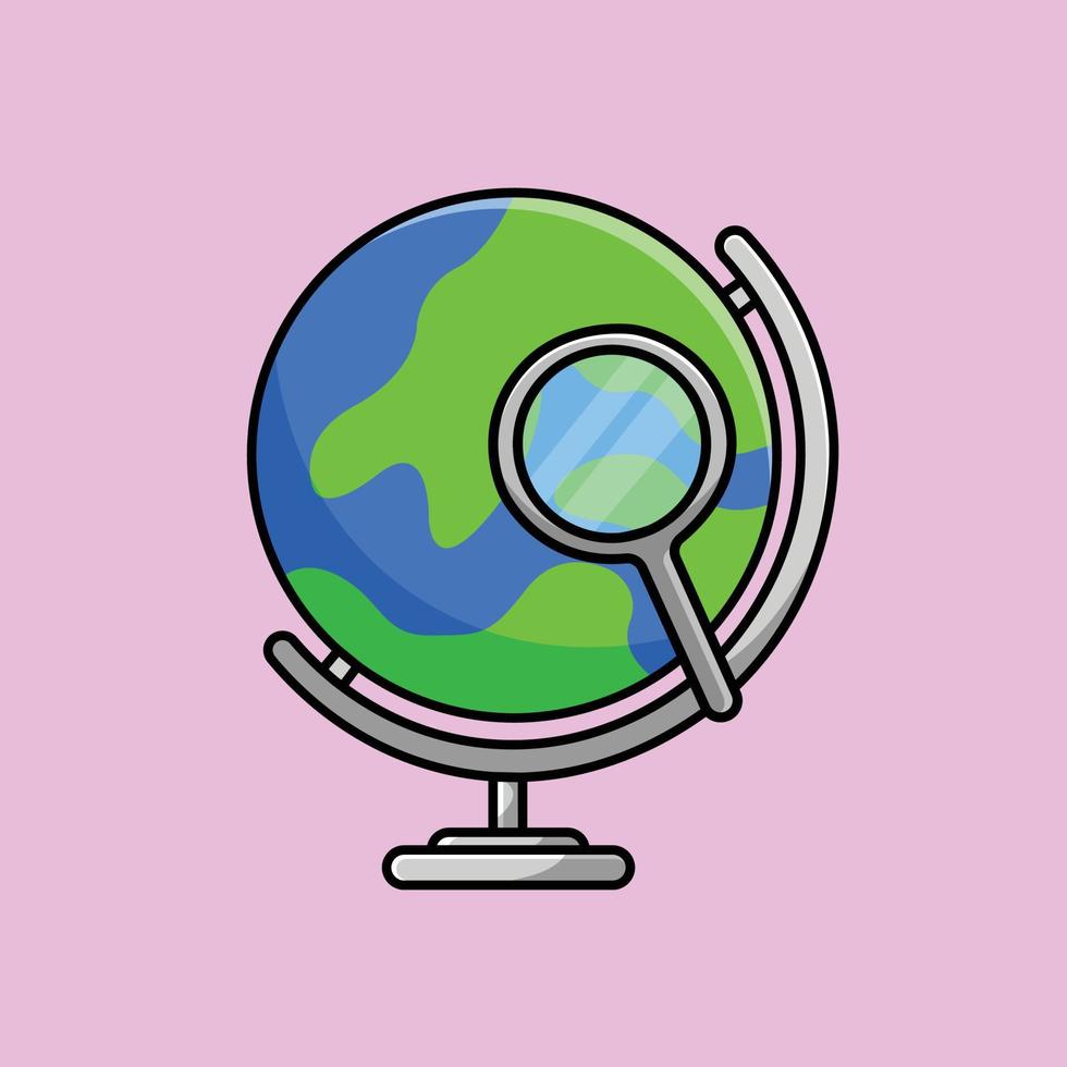 Globe With Magnifying Glass Cartoon Vector Icon Illustration. Science Object Icon Concept Isolated Premium Vector. Flat Cartoon Style