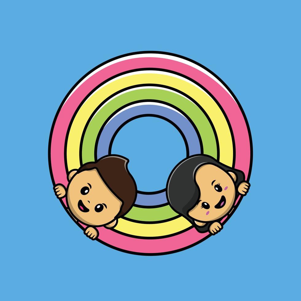 lindo niño y niña en la ilustración de icono de vector de dibujos animados de arco iris. gente naturaleza icono concepto aislado premium vector. estilo de dibujos animados plana