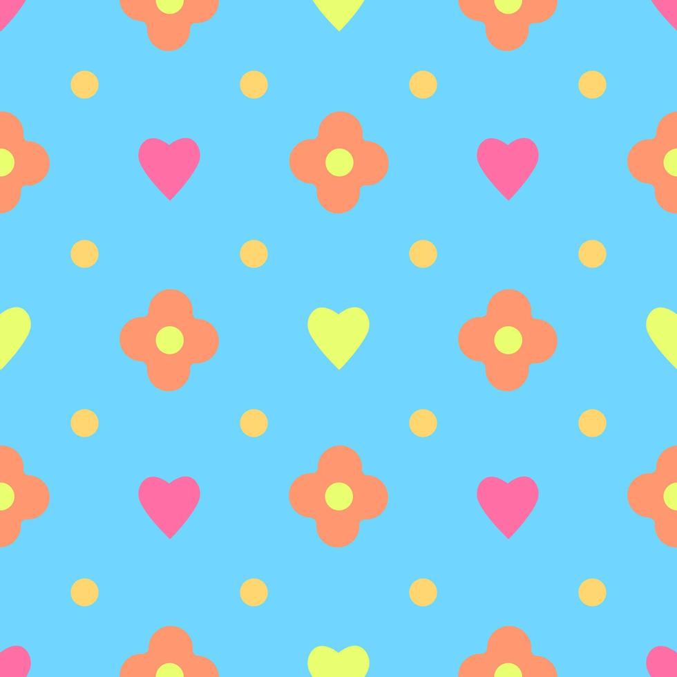 Geometric flower, hearts on blue colorful background. Design template. Simple modern graphic. Spring or summer decoration. Seamless vector pattern. Easter wrapping.