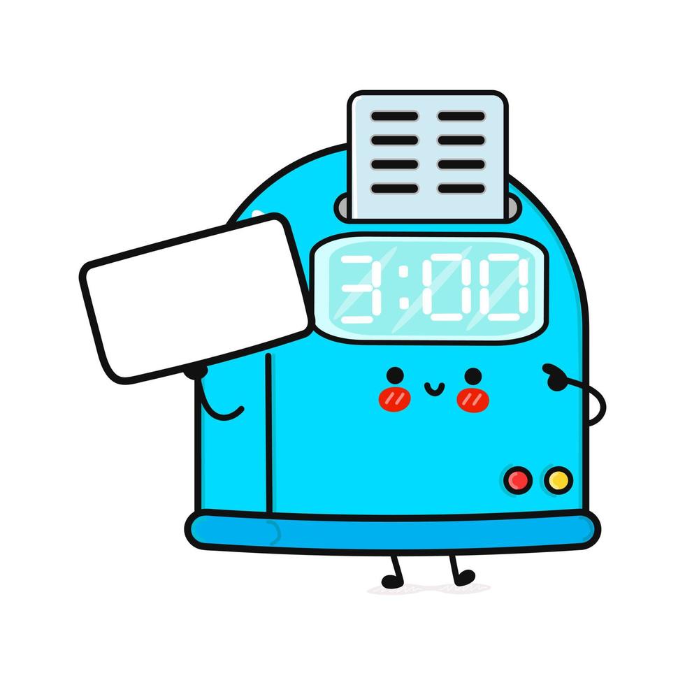 lindo reloj divertido con póster. icono de ilustración de personaje kawaii de dibujos animados dibujados a mano vectorial. aislado sobre fondo blanco. concepto de pensamiento de reloj perforado vector