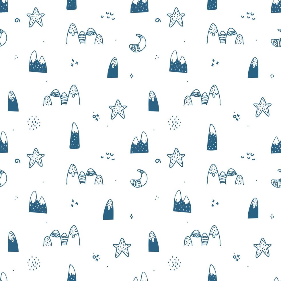 Mountains, moon,star in Scandinavian style, ssimple black and white texture. Cute Scandinavian design. geometric and doodle background for textile, wallpaper, surface design vector