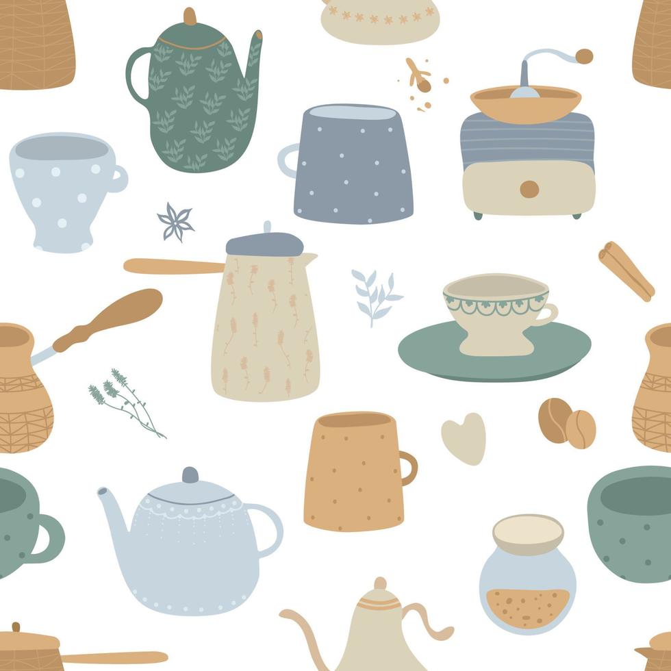 cofee, tea time seamless pattern. coffee cup, teapot, coffee maker, cute mug, hot chocolate, coffee, cocoa,  warm backgrond vector