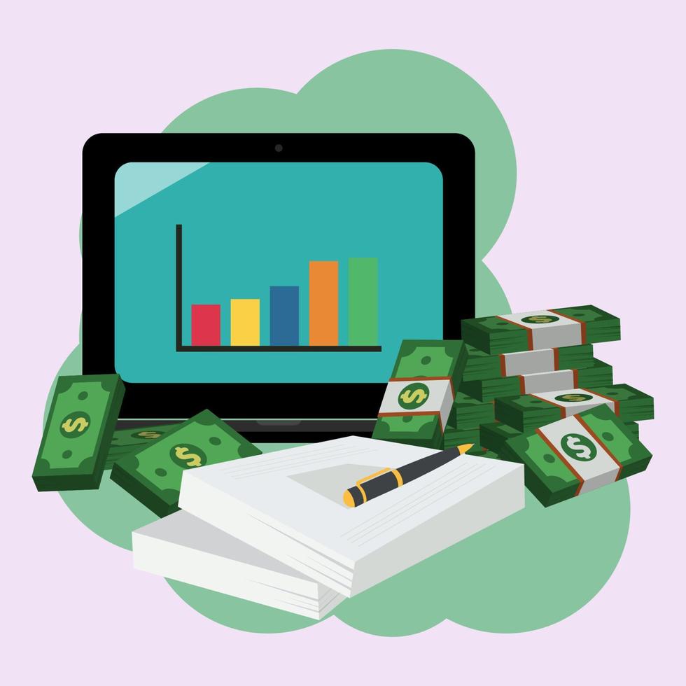 Laptop with growth chart on screen and money vector