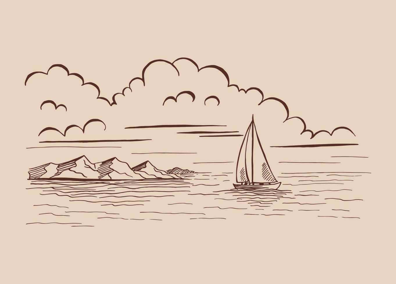 Seascape. Landscape, sea, sailboat, rocks. Hand drawn vector illustration.