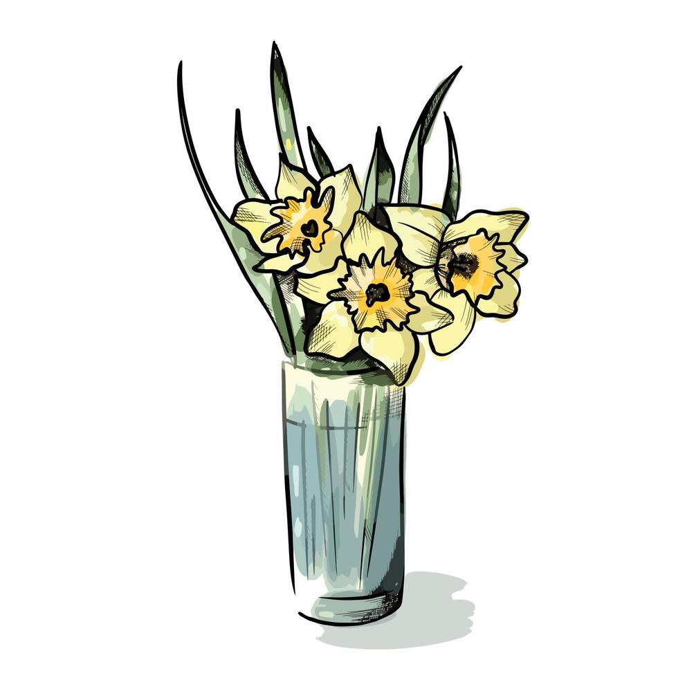 ramo de narcisos amarillos florecientes en una ilustración de vector de jarrón