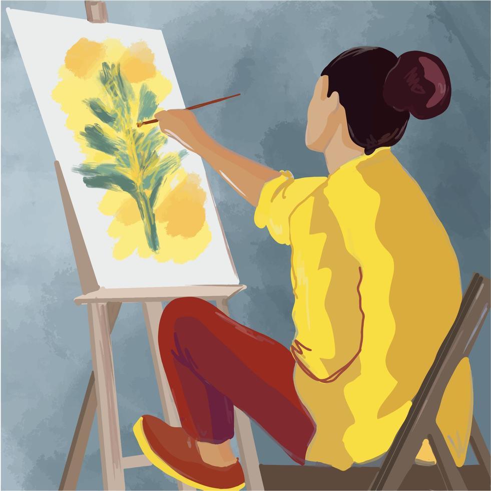 a girl sits at an easel and draws a picture with paints vector