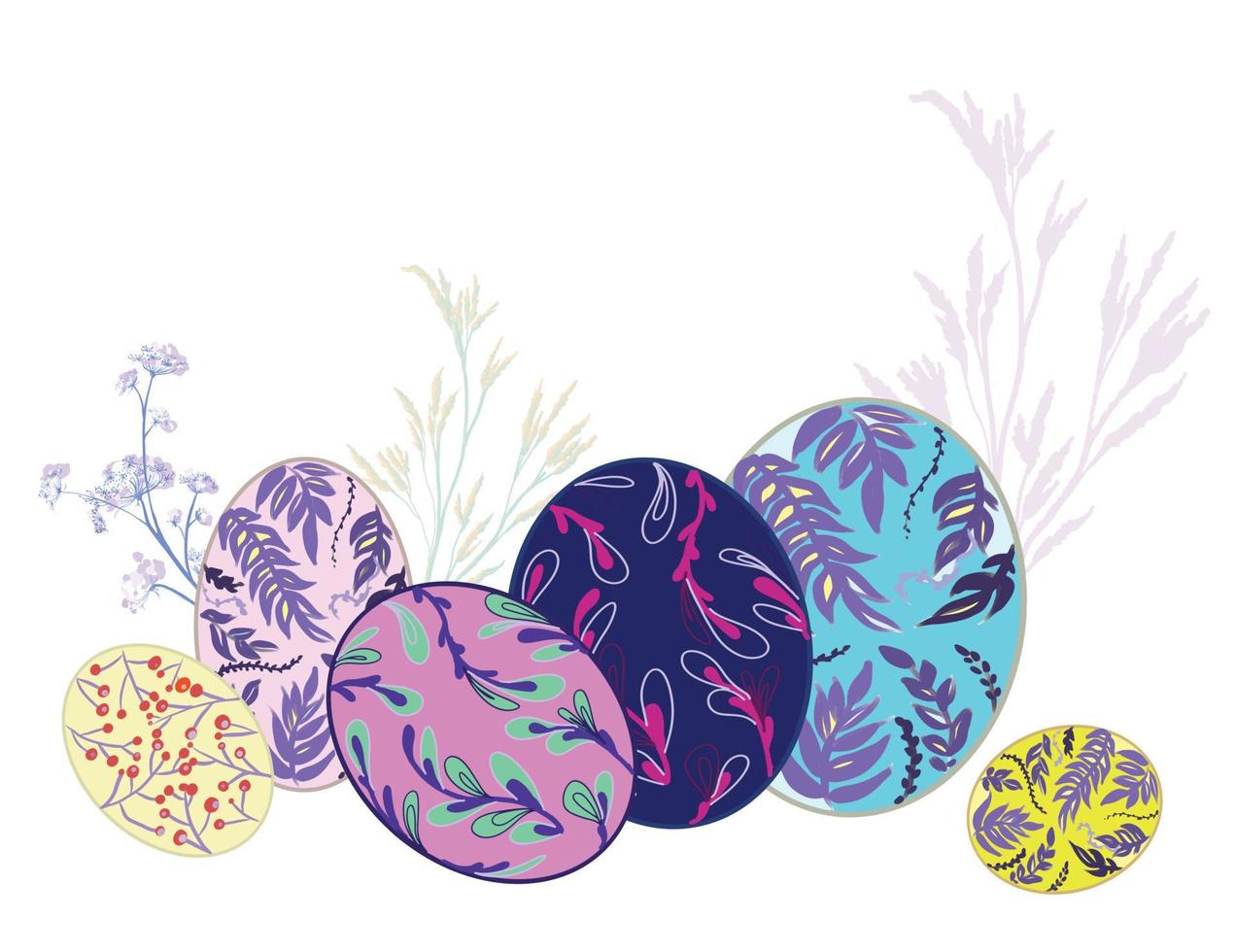 conjunto de huevos de pascua con diferentes colores en el fondo de las plantas, felices pascuas vector