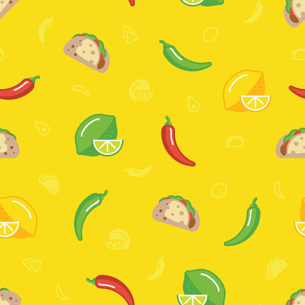 Colorful Mexican food icons with smaller icons in between on yellow background. vector