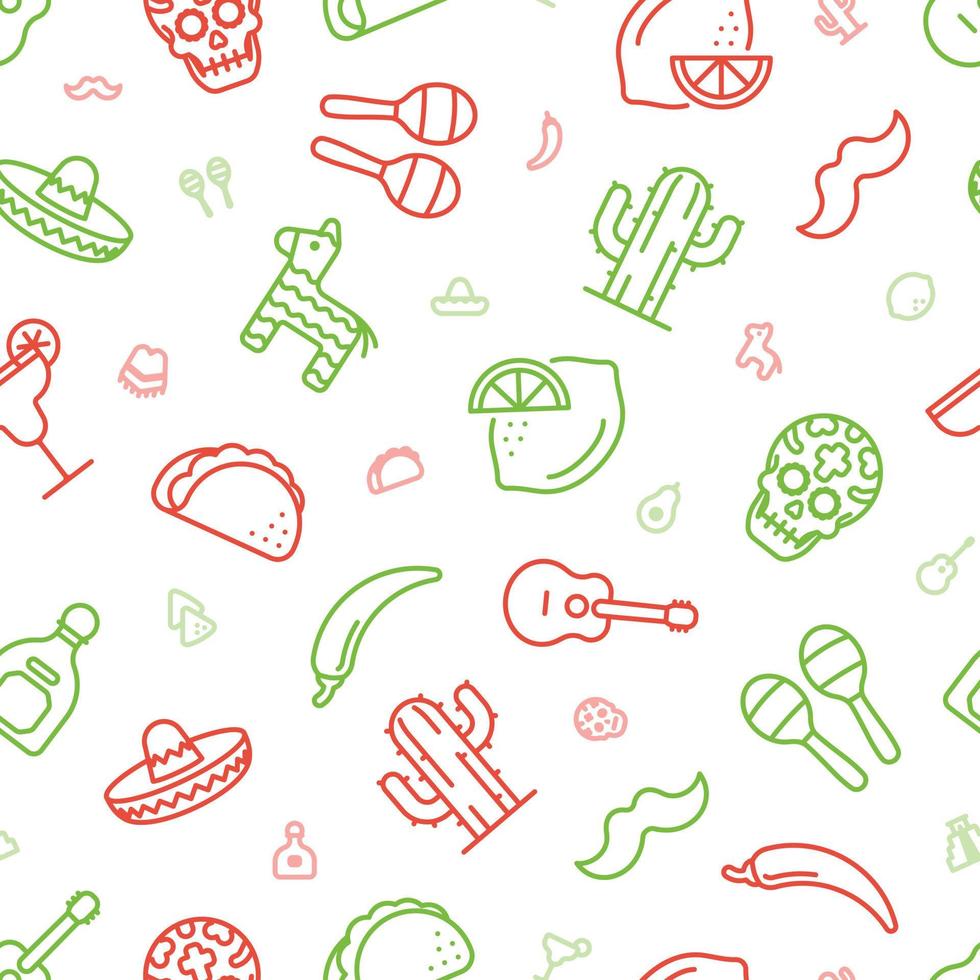 Seamless green and red outline icons of Mexican things vector