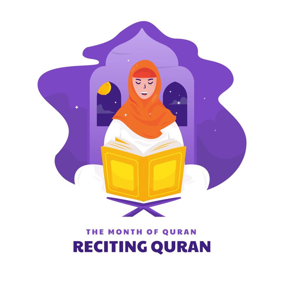 Flat design reading quran at ramadan night concept vector