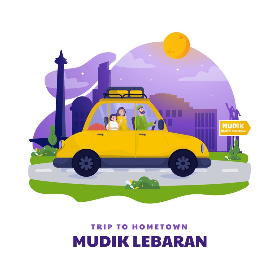 Flat design mudik lebaran tradition means trip to hometown concept vector