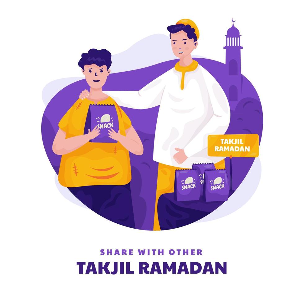 Flat design giving takjil Ramadan means sharing snacks with others to break the fast vector