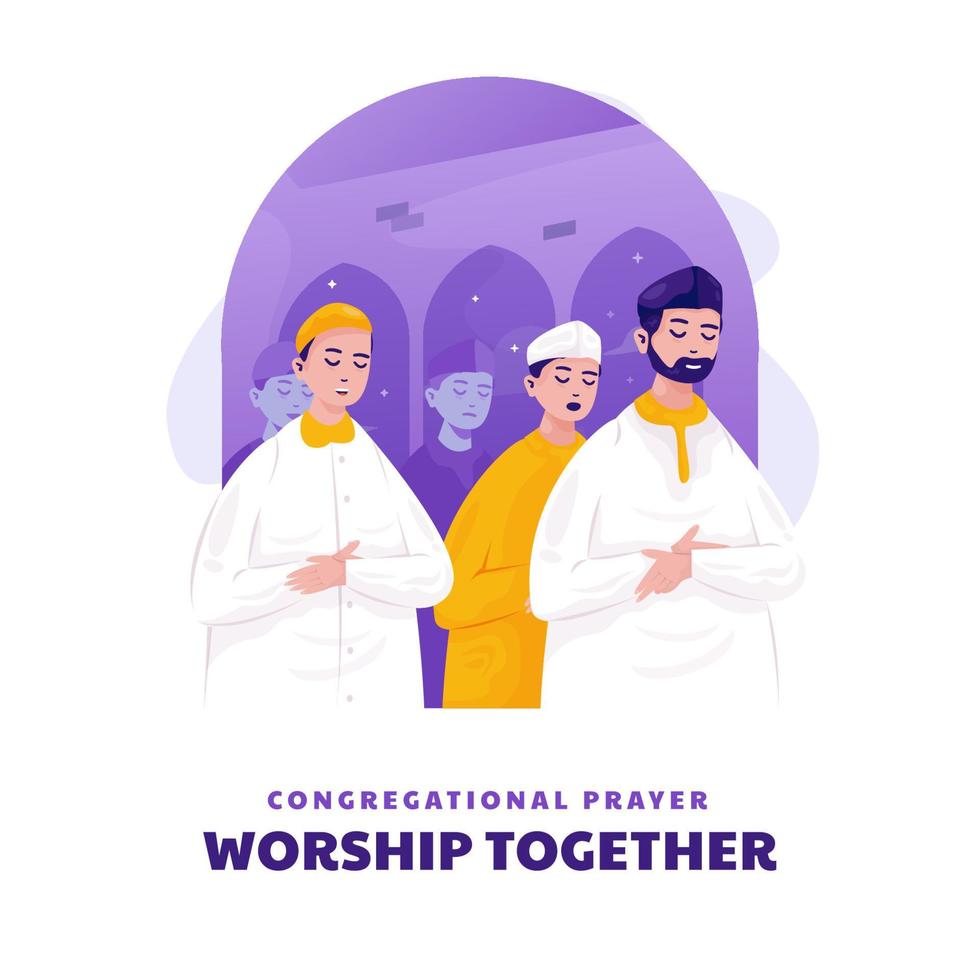 Flat design of Muslims worship together in a mosque vector