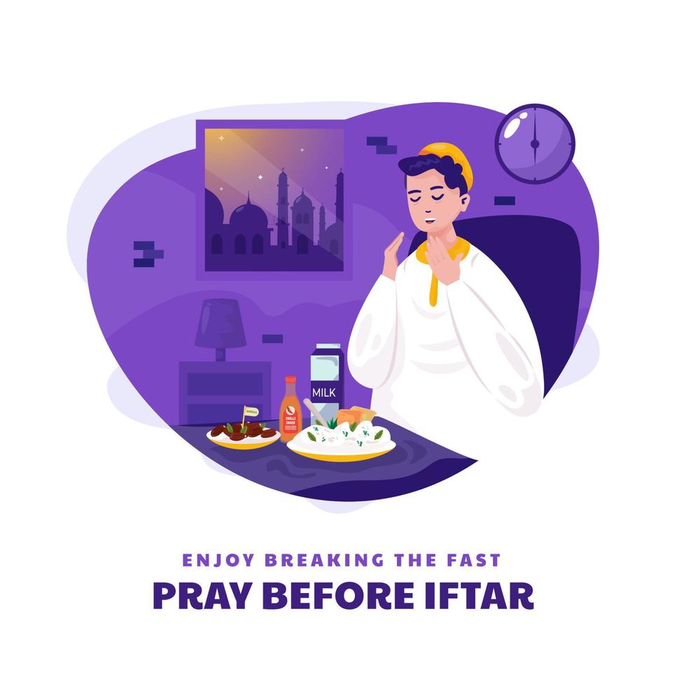 diseño plano un musulmán reza antes del concepto de iftar ramadán vector