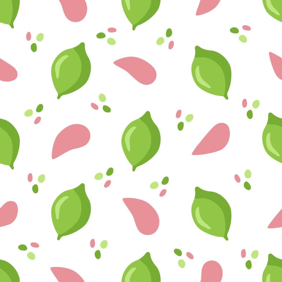 Seamless pattern with large lime fruits and pink leaves. Botanical vector illustration on a pink background for printing on clothing, textiles, paper, fabric, packaging.