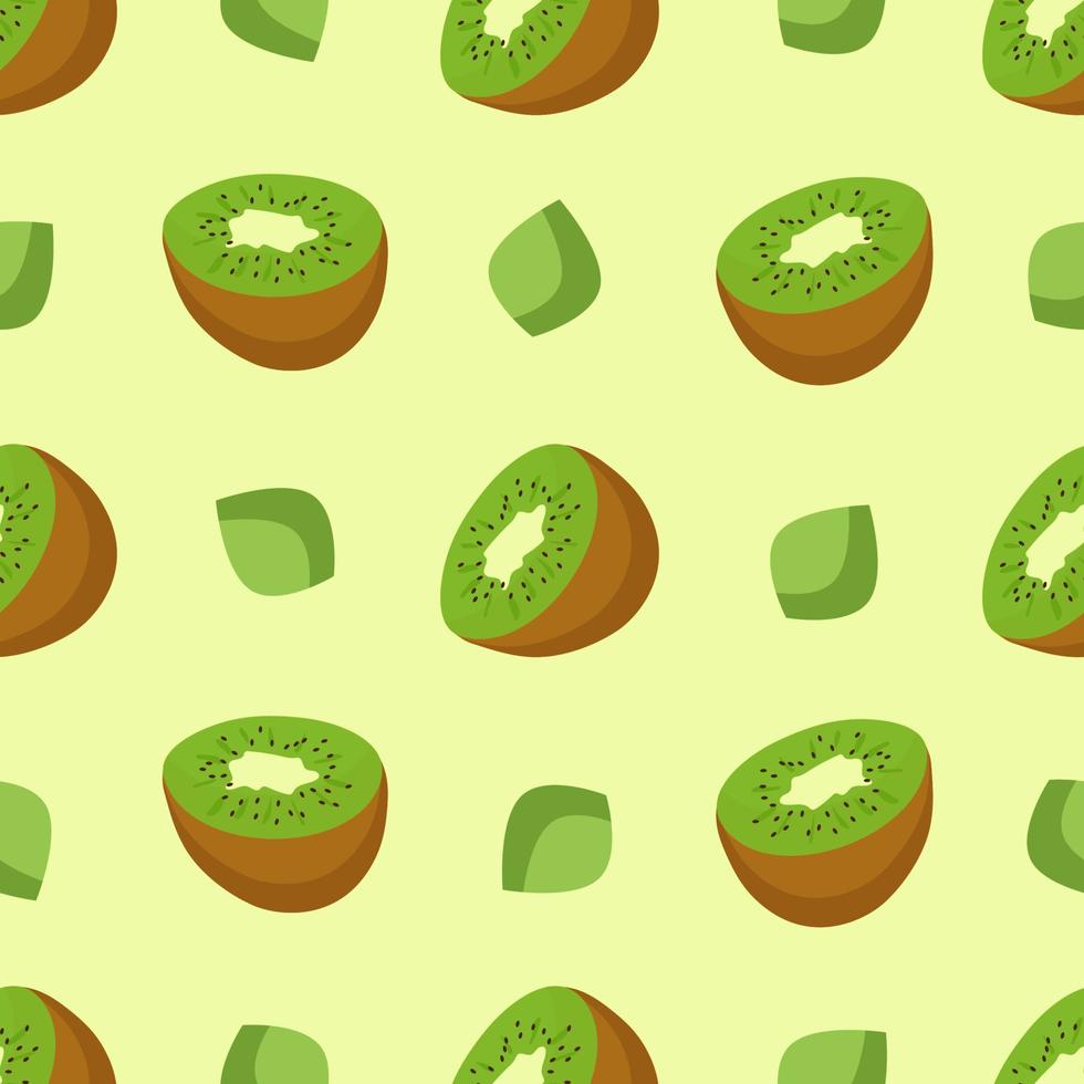 Seamless pattern with large kiwi fruits and green leaves. Botanical vector illustration on a pink background for printing on clothing, textiles, paper, fabric, packaging.