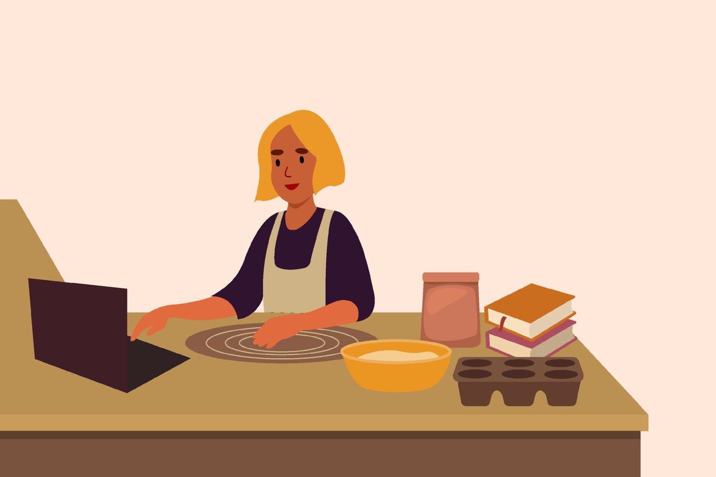 Young woman learns to cook food through online lesson via laptop. Vector flat illustration. Illustration for the design of online courses, recipe book covers.